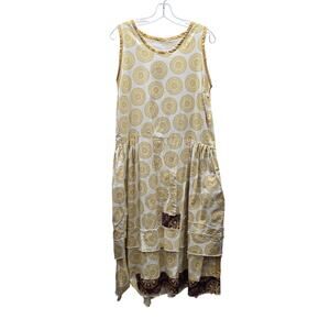 Tina Givens Prairie Slip Printed Tiered Midi Dress Pockets Yellow Cream SZ Small